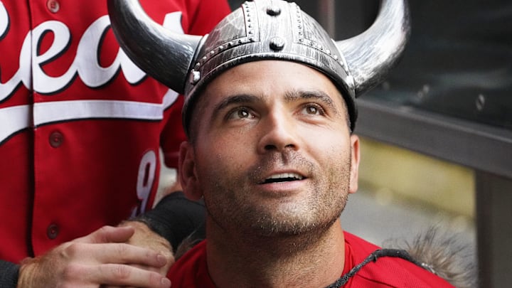 Aug 2, 2023; Chicago, Illinois, USA; Cincinnati Reds first baseman Joey Votto (19) celebrates his home run against the Chicago Cubs during the second inning at Wrigley Field. Mandatory Credit: David Banks-Imagn Images