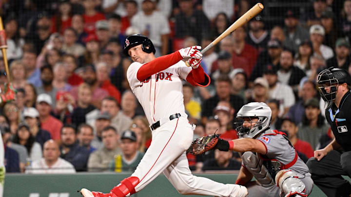 Sep 2, 2025; Boston, Massachusetts, USA; Boston Red Sox third baseman Alex Bregman (2) hits a one run RBI during the eighth inning against the Cleveland Guardians at Fenway Park. Mandatory Credit: Eric Canha-Imagn Images Sep 2, 2025; Boston, Massachusetts, USA; Boston Red Sox third baseman Alex Bregman (2) hits a one run RBI during the eighth inning against the Cleveland Guardians at Fenway Park. Mandatory Credit: Eric Canha-Imagn Images
