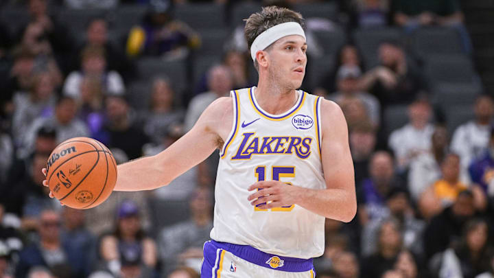 Oct 26, 2025; Sacramento, California, USA; Los Angeles Lakers guard Austin Reaves (15) controls the ball against the Sacramento Kings during the second quarter at Golden 1 Center. Mandatory Credit: Ed Szczepanski-Imagn Images Oct 26, 2025; Sacramento, California, USA; Los Angeles Lakers guard Austin Reaves (15) controls the ball against the Sacramento Kings during the second quarter at Golden 1 Center. Mandatory Credit: Ed Szczepanski-Imagn Images