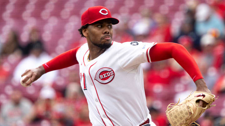 Cincinnati Reds pitcher Hunter Greene (21) pitches in the first inning of the MLB game between the Cincinnati Reds and the Pittsburgh Pirates at Great American Ball Park in Cincinnati.