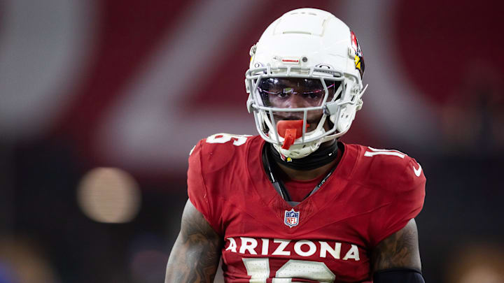 Nov 3, 2024; Glendale, Arizona, USA; Arizona Cardinals cornerback Max Melton (16) against the Chicago Bears  at State Farm Stadium. Mandatory Credit: Mark J. Rebilas-Imagn Images