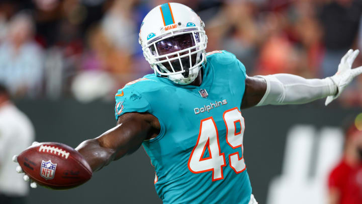 Miami Dolphins linebacker Sam Eguavoen is the last player to wear the number 49 in a regular season game for the team. Miami Dolphins linebacker Sam Eguavoen is the last player to wear the number 49 in a regular season game for the team.