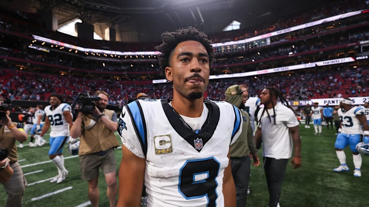 Nov 16, 2025; Atlanta, Georgia, USA; Carolina Panthers quarterback Bryce Young (9) looks on after the game  against the Atlanta Falcons at Mercedes-Benz Stadium. Mandatory Credit: Brett Davis-Imagn Images