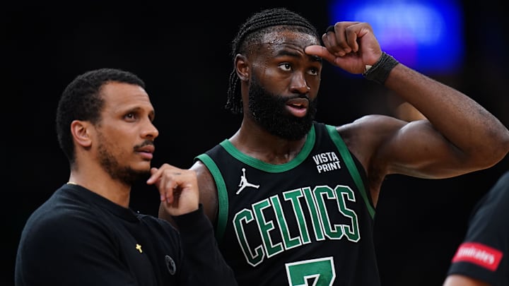 May 23, 2024; Boston, Massachusetts, USA; Boston Celtics head coach Joe Mazzulla talks with guard Jaylen Brown (7) from the sideline as they take on the Indiana Pacers during game two of the eastern conference finals for the 2024 NBA playoffs at TD Garden. Mandatory Credit: David Butler II-Imagn Images May 23, 2024; Boston, Massachusetts, USA; Boston Celtics head coach Joe Mazzulla talks with guard Jaylen Brown (7) from the sideline as they take on the Indiana Pacers during game two of the eastern conference finals for the 2024 NBA playoffs at TD Garden. Mandatory Credit: David Butler II-Imagn Images
