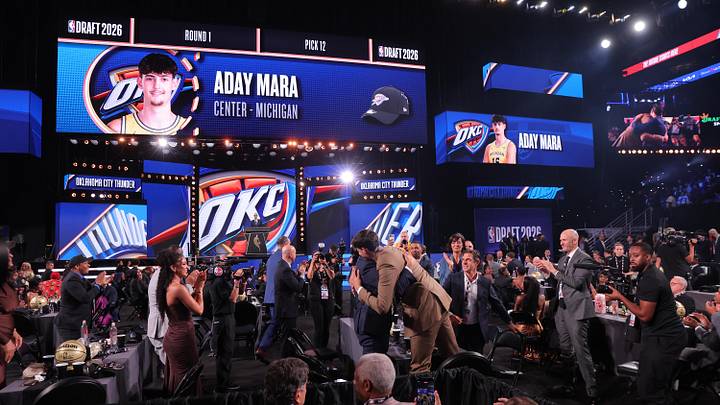 Jun 23, 2026; New York, NY, USA; NBA commissioner Adam Silver announces the twelfth pick in the 2026 NBA draft, Michigan center Aday Mara after he was selected by the Oklahoma City Thunder at Barclays Center.