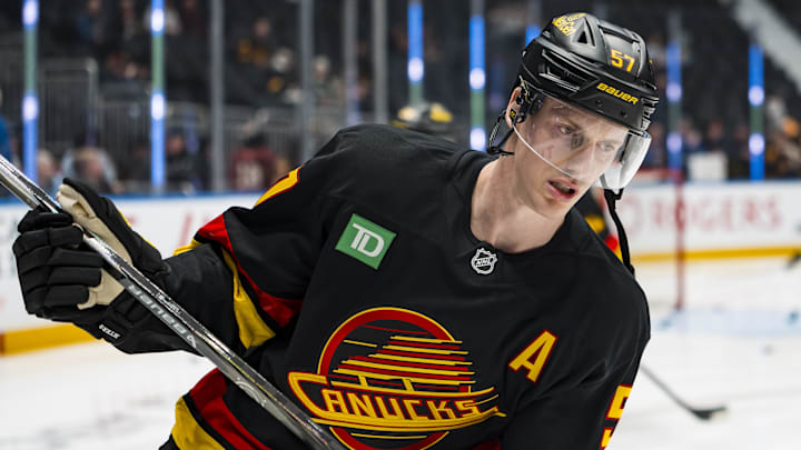 Mar 2, 2026; Vancouver, British Columbia, CAN; Vancouver Canucks defenseman Tyler Myers (57) skates in warm up prior to a game against the Dallas Stars at Rogers Arena. Mandatory Credit: Bob Frid-Imagn Images Mar 2, 2026; Vancouver, British Columbia, CAN; Vancouver Canucks defenseman Tyler Myers (57) skates in warm up prior to a game against the Dallas Stars at Rogers Arena. Mandatory Credit: Bob Frid-Imagn Images