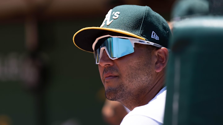 Jul 2, 2023; Oakland, California, USA;  Oakland Athletics catcher Carlos Perez (44) before the start of the first inning against the Chicago White Sox at Oakland-Alameda County Coliseum. Mandatory Credit: Stan Szeto-Imagn Images