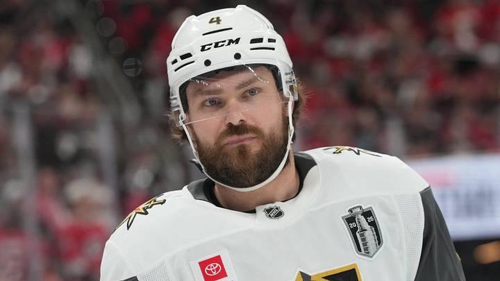 Jun 4, 2026; Raleigh, North Carolina, USA; Vegas Golden Knights defenseman Rasmus Andersson (4) skates between play during the first period against the Carolina Hurricanes in game two of the 2026 Stanley Cup Final at Lenovo Center. Mandatory Credit: James Guillory-Imagn Images