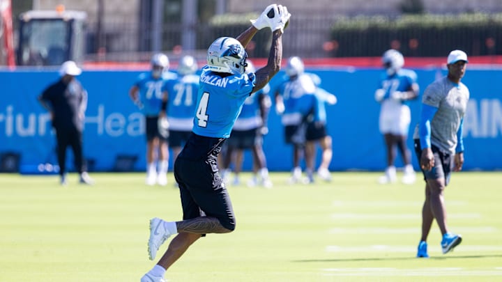 Jul 26, 2025; Charlotte, NC, USA; Carolina Panthers wide receiver Tetairoa McMillan (4) makes a catch during training camp. Mandatory Credit: Scott Kinser-Imagn Images