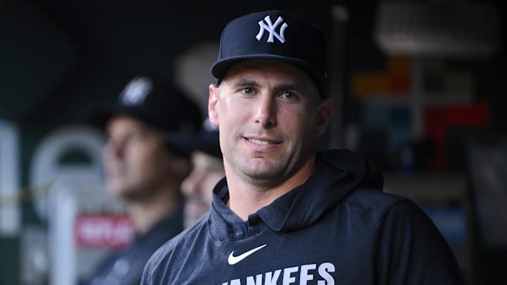 Aug 15, 2025; St. Louis, Missouri, USA;  New York Yankees first baseman Paul Goldschmidt (48) looks on from the dugout before a game against the St. Louis Cardinals at Busch Stadium. Mandatory Credit: Jeff Curry-Imagn Images