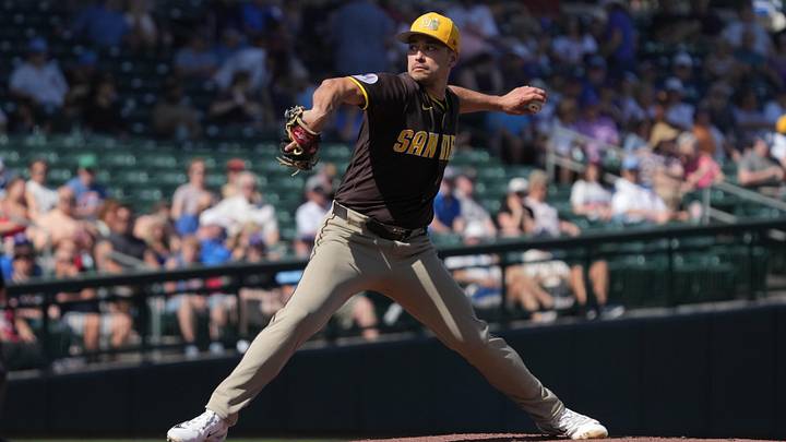 Feb 24, 2026; Mesa, Arizona, USA; San Diego Padres pitcher Marco Gonzales (32) throws against the Chicago Cubs in the first inning at Sloan Park. Mandatory Credit: Rick Scuteri-Imagn Images Feb 24, 2026; Mesa, Arizona, USA; San Diego Padres pitcher Marco Gonzales (32) throws against the Chicago Cubs in the first inning at Sloan Park. Mandatory Credit: Rick Scuteri-Imagn Images