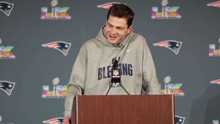 Feb 5, 2026; Santa Clara, CA, USA; New England Patriots quarterback Drake Maye (10) talks to media members at the Santa Clara Marriott. Mandatory Credit: Darren Yamashita-Imagn Images