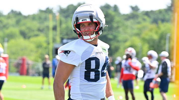 Jul 25, 2026; Foxborough, MA, USA; New England Patriots tight end Tanner Arkin (84) looks on after a drill at training camp at Gillette Stadium. Mandatory Credit: Eric Canha-Imagn Images Jul 25, 2026; Foxborough, MA, USA; New England Patriots tight end Tanner Arkin (84) looks on after a drill at training camp at Gillette Stadium. Mandatory Credit: Eric Canha-Imagn Images