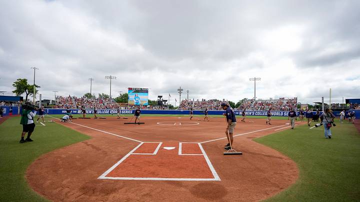 The grounds crew gets the field ready for a Women's College World Series softball game between the Texas Tech Red Raiders and the Mississippi State Bulldogs at Devon Park in Oklahoma City, Thursday, May 28, 2026. Texas Tech won 8-0. The grounds crew gets the field ready for a Women's College World Series softball game between the Texas Tech Red Raiders and the Mississippi State Bulldogs at Devon Park in Oklahoma City, Thursday, May 28, 2026. Texas Tech won 8-0.