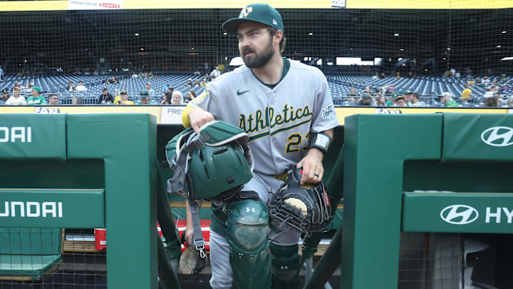 Sep 20, 2025; Pittsburgh, Pennsylvania, USA; Athletics catcher Shea Langeliers (23) heads to the dugout to warm up against the the Pittsburgh Pirates at PNC Park. Mandatory Credit: Charles LeClaire-Imagn Images
