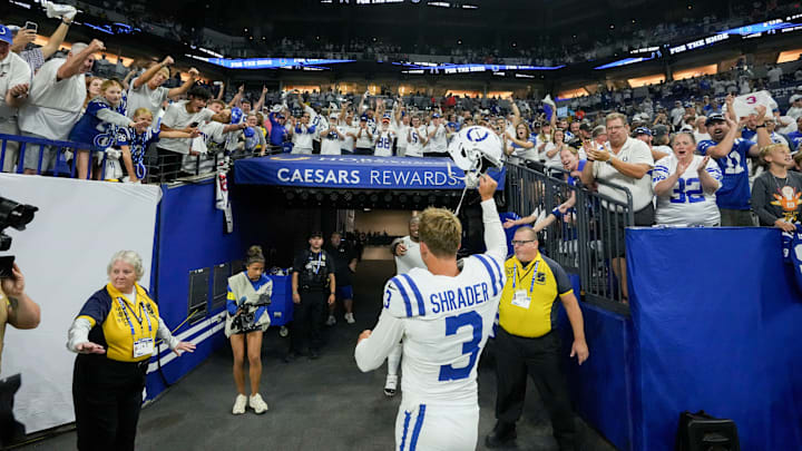Indianapolis Colts place kicker Spencer Shrader (3) leaves the field Sunday, Sept. 14, 2025, after winning a game against the Denver Broncos at Lucas Oil Stadium in Indianapolis.