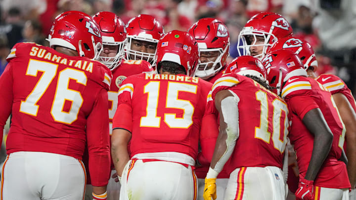 Sep 5, 2024; Kansas City, Missouri, USA; Kansas City Chiefs quarterback Patrick Mahomes (15) and offensive players huddle against the Baltimore Ravens during the game at GEHA Field at Arrowhead Stadium. Mandatory Credit: Denny Medley-Imagn Images Sep 5, 2024; Kansas City, Missouri, USA; Kansas City Chiefs quarterback Patrick Mahomes (15) and offensive players huddle against the Baltimore Ravens during the game at GEHA Field at Arrowhead Stadium. Mandatory Credit: Denny Medley-Imagn Images