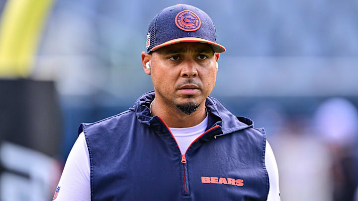 Aug 17, 2024; Chicago, Illinois, USA; Chicago Bears general manager Ryan Poles looks on before the game against the Cincinnati Bengals at Soldier Field.