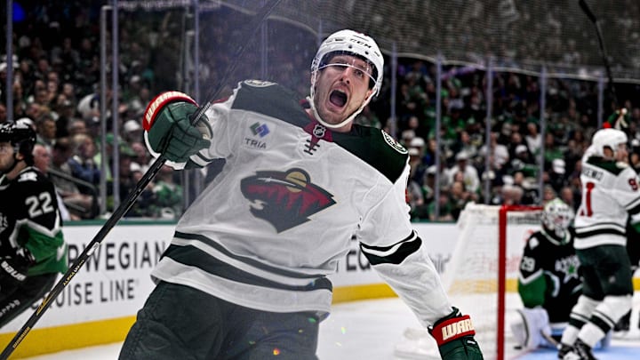 Apr 28, 2026; Dallas, Texas, USA; Minnesota Wild center Michael McCarron (47) celebrates after he scores a goal against the Dallas Stars during the third period in game five of the first round of the 2026 Stanley Cup Playoffs at American Airlines Center. Mandatory Credit: Jerome Miron-Imagn Images