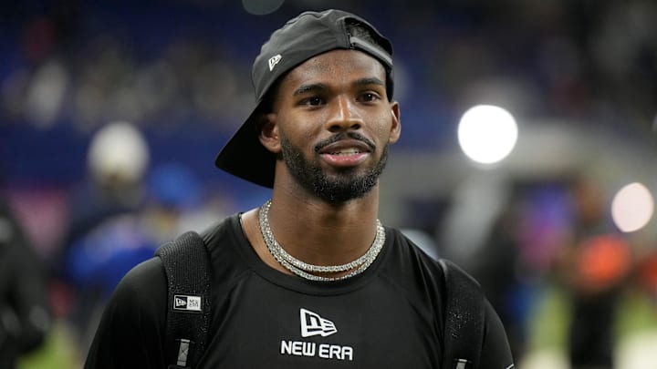 Mar 1, 2025; Indianapolis, IN, USA; Colorado quarterback Shadeur Sanders (QB13) during the 2025 NFL Combine at Lucas Oil Stadium. Mandatory Credit: Kirby Lee-Imagn Images