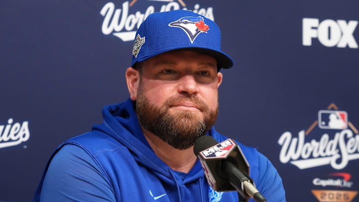 Toronto Blue Jays manager John Schneider at press conference during game five of the 2025 MLB World Series at Dodger Stadium. Toronto Blue Jays manager John Schneider at press conference during game five of the 2025 MLB World Series at Dodger Stadium.
