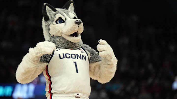 Apr 3, 2022; Minneapolis, MN, USA; UConn Huskies mascot cheers during a break against the South Carolina Gamecocks  during the first half in the Final Four championship game of the women's college basketball NCAA Tournament at Target Center. Mandatory Credit: Kirby Lee-Imagn Images