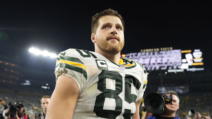 Sep 11, 2025; Green Bay, Wisconsin, USA; Green Bay Packers tight end Tucker Kraft (85) looks on after the game against the Washington Commanders at Lambeau Field. Mandatory Credit: Jeff Hanisch-Imagn Images