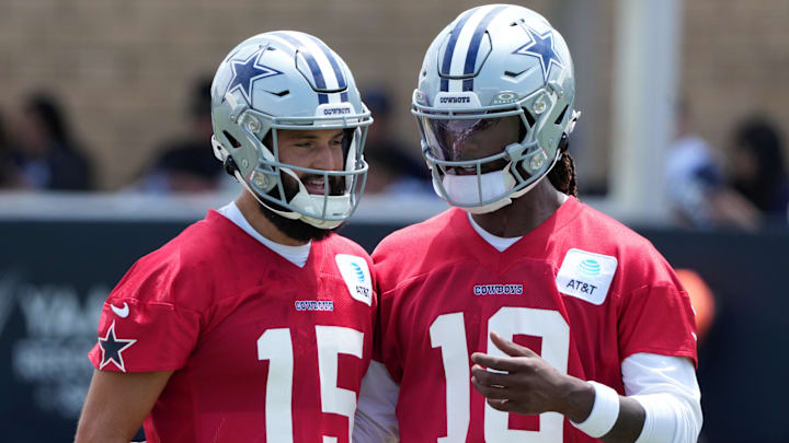 Dallas Cowboys QBs Will Grier and Joe Milton III during training camp at the River Ridge Fields.
