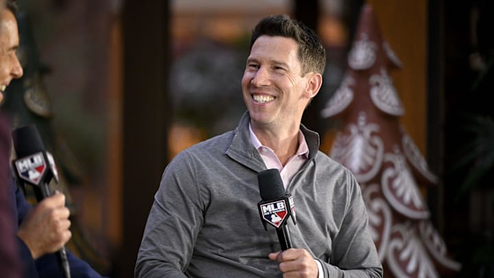 Dec 9, 2024; Dallas, TX, USA; Boston Red Sox chief baseball officer Craig Breslow speaks with the media 
at the Hilton Anatole during the 2024 MLB Winter Meetings. Mandatory Credit: Jerome Miron-Imagn Images