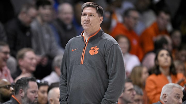 Feb 22, 2025; Dallas, Texas, USA; Clemson Tigers head coach Brad Brownell looks on during the game between the SMU Mustangs and the Clemson Tigers at Moody Coliseum. Feb 22, 2025; Dallas, Texas, USA; Clemson Tigers head coach Brad Brownell looks on during the game between the SMU Mustangs and the Clemson Tigers at Moody Coliseum.
