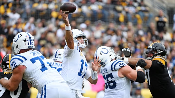 Indianapolis Colts quarterback Daniel Jones (17) throws a pass during the first half against the Pittsburgh Steelers at Acrisure Stadium. Indianapolis Colts quarterback Daniel Jones (17) throws a pass during the first half against the Pittsburgh Steelers at Acrisure Stadium.