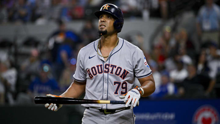 Apr 5, 2024; Arlington, Texas, USA; Houston Astros first base Jose Abreu (79) during the game between the Texas Rangers and the Houston Astros at Globe Life Field