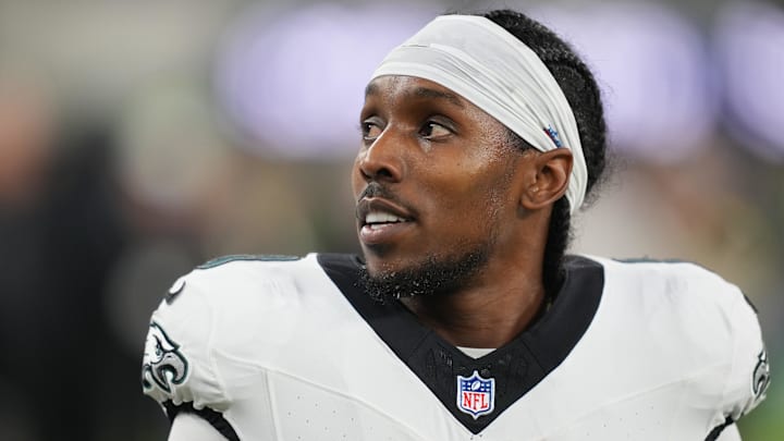 Dec 8, 2025; Inglewood, California, USA; Philadelphia Eagles cornerback Adoree' Jackson (8) looks on before the game against the Los Angeles Chargers at SoFi Stadium. Mandatory Credit: Kirby Lee-Imagn Images