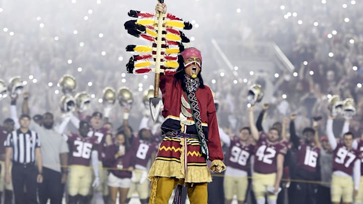 Nov 25, 2022; Tallahassee, Florida, USA; Florida State Seminoles symbol Chief Osceola plants the spear at midfield before the game against the Florida Gators at Doak S. Campbell Stadium. Mandatory Credit: Melina Myers-Imagn Images