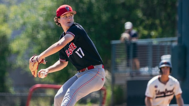 Right-handed pitcher Sam harris winds up in NC State's 12-7 win over the Stanford Cardinal at Sunken Diamond in Stanford, Calif., on May 9, 2026. 