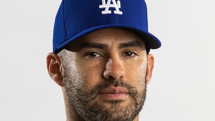 Feb 22, 2023; Glendale, AZ, US; Los Angeles Dodgers designated hitter J.D. Martinez poses for a
