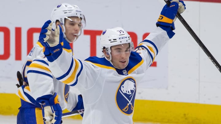 Sep 26, 2024; Ottawa, Ontario, CAN; Buffalo Sabres center Noah Ostlund (36) celebrates his goal scored in overtime against the Ottawa Senators at the Canadian Tire Centre. Mandatory Credit: Marc DesRosiers-Imagn Images