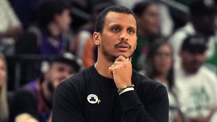 Mar 26, 2025; Phoenix, Arizona, USA; Boston Celtics head coach Joe Mazzulla watches game action against the Phoenix Suns during the first half at Footprint Center. Mandatory Credit: Rick Scuteri-Imagn Images