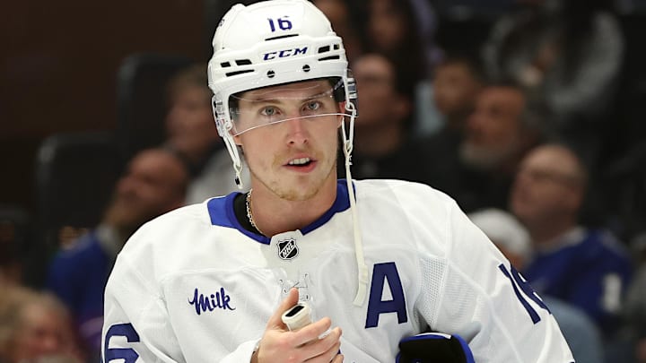 Nov 30, 2024; Tampa, Florida, USA; Toronto Maple Leafs right winger Mitch Marner (16) looks on against the Tampa Bay Lightning during the first period at Amalie Arena. Mandatory Credit: Kim Klement Neitzel-Imagn Images