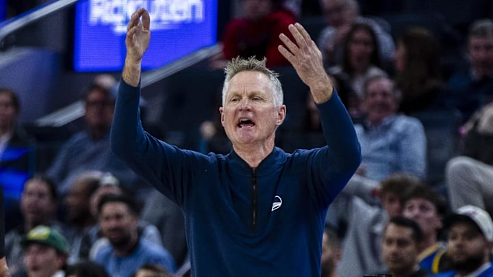 Mar 25, 2026; San Francisco, California, USA; Golden State Warriors head coach Steve Kerr reacts  during the fourth quarter against the Brooklyn Nets at Chase Center. Mandatory Credit: John Hefti-Imagn Images