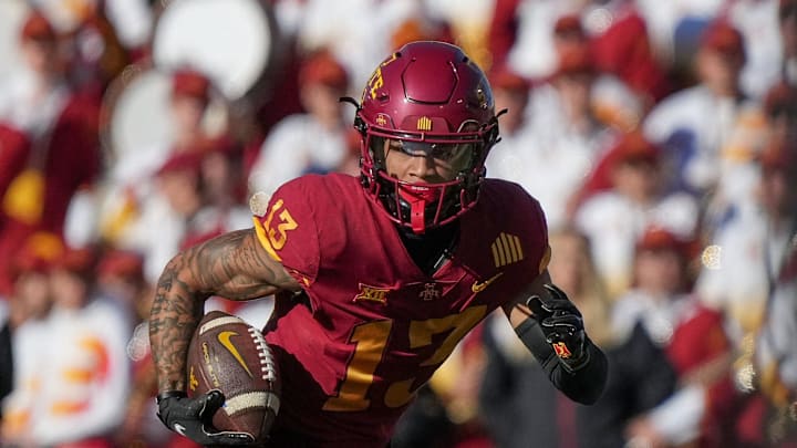 Iowa State wide receiver Jaylin Noel carries the ball in the first quarter against West Virginia during a NCAA football game. Iowa State wide receiver Jaylin Noel carries the ball in the first quarter against West Virginia during a NCAA football game.
