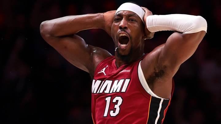 Miami Heat center Bam Adebayo (13) reacts after  (Mandatory Credit: Sam Navarro-Imagn Images)