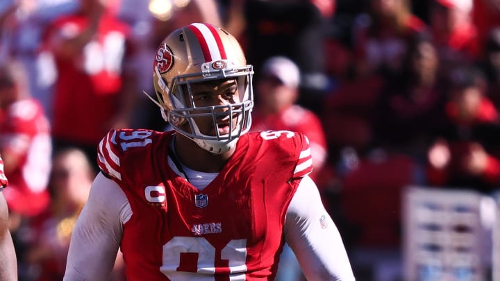 Oct 29, 2023; Santa Clara, California, USA; San Francisco 49ers defensive end Arik Armstead (91) reacts after a sack against the Cincinnati Bengals during the third quarter at Levi's Stadium. Mandatory Credit: Kelley L Cox-USA TODAY Sports