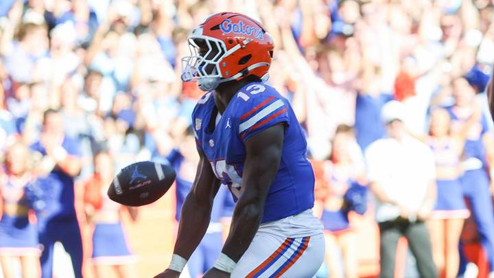 Florida running back Jadan Baugh (13) scores against Mississippi during the first half an NCAA football game against Mississippi at Steve Spurrier Field at Ben Hill Griffin Stadium in Gainesville, FL on Saturday, September 26, 2026. [Alan Youngblood/Gainesville Sun]