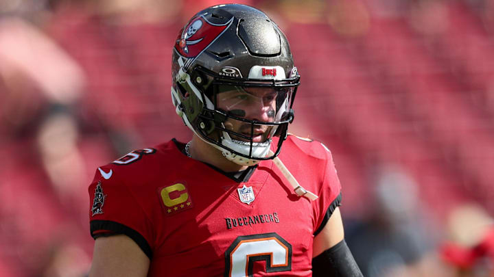Dec 29, 2024; Tampa, Florida, USA; Tampa Bay Buccaneers quarterback Baker Mayfield (6) warms up before a game against the Carolina Panthers at Raymond James Stadium. Mandatory Credit: Nathan Ray Seebeck-Imagn Images