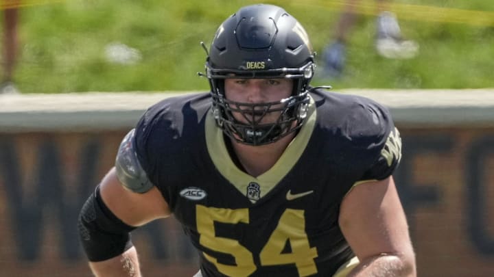 Sep 9, 2023; Winston-Salem, North Carolina, USA; Wake Forest Demon Deacons offensive lineman Matt Gulbin (54) during the second quarter at Allegacy Federal Credit Union Stadium. Mandatory Credit: Jim Dedmon-Imagn Images