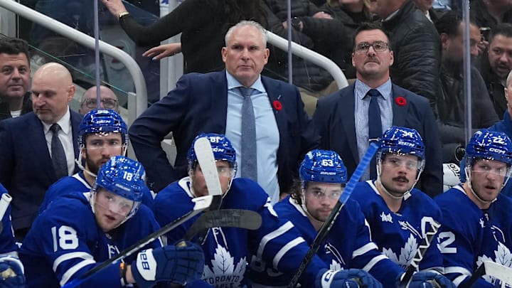 Nov 5, 2025; Toronto, Ontario, CAN; Toronto Maple Leafs head coach Craig Berube watches the play against the Utah Mammoth during the third period at Scotiabank Arena. Mandatory Credit: Nick Turchiaro-Imagn Images Nov 5, 2025; Toronto, Ontario, CAN; Toronto Maple Leafs head coach Craig Berube watches the play against the Utah Mammoth during the third period at Scotiabank Arena. Mandatory Credit: Nick Turchiaro-Imagn Images
