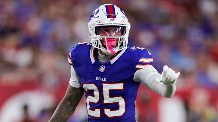 Aug 23, 2025; Tampa, Florida, USA; Buffalo Bills cornerback Daequan Hardy (25) lines up against the Tampa Bay Buccaneers in the fourth quarter at Raymond James Stadium. Mandatory Credit: Nathan Ray Seebeck-Imagn Images