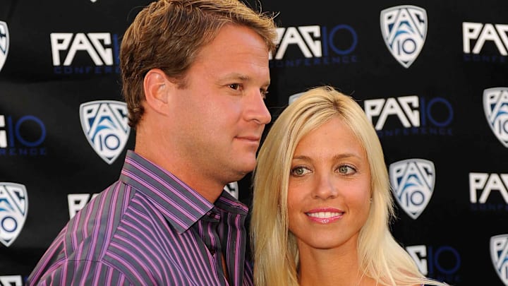 Jul 29, 2010; Lane Kiffin with wife Layla when he coached at USC.
