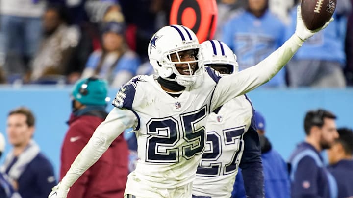 Dallas Cowboys cornerback Nahshon Wright celebrates his interception against the Tennessee Titans 